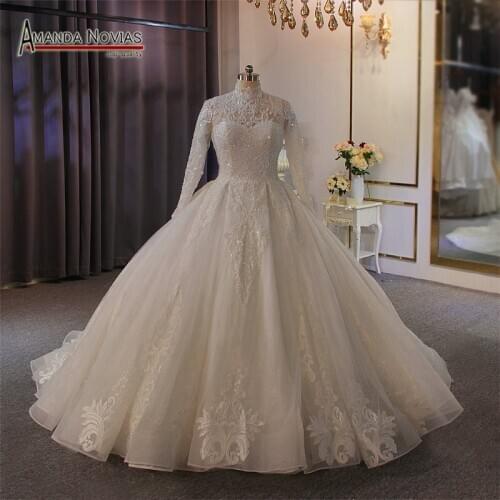 Elegant high neckline full lace wedding dress muslim bridal dress 2020