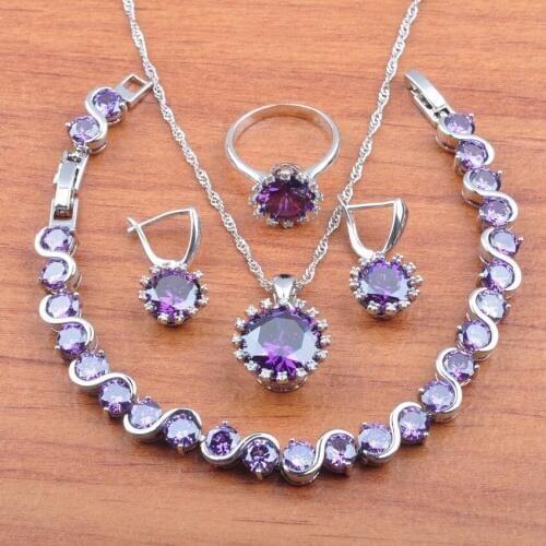 Hot Products Purple Crystal Silver Color Jewelry Set For Women Earrings Necklace Pendant Rings Bracelet Set JS0526