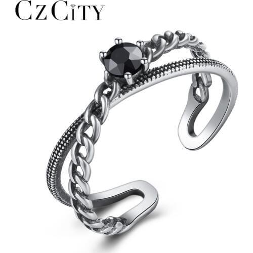 CZCITY 100% 925 Sterling Silver Open Rings for Women Geometric Retro Twist Zircon Finger Adjustable Ring Engagement Bijoux Gifts