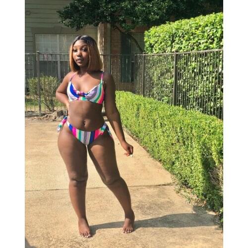 Bikini Two Piece Set Rainbow Stripe Split Swimsuit Strap Openwork Bow Swimming Wading Bathing Suit Summer Beach Holiday Outfits