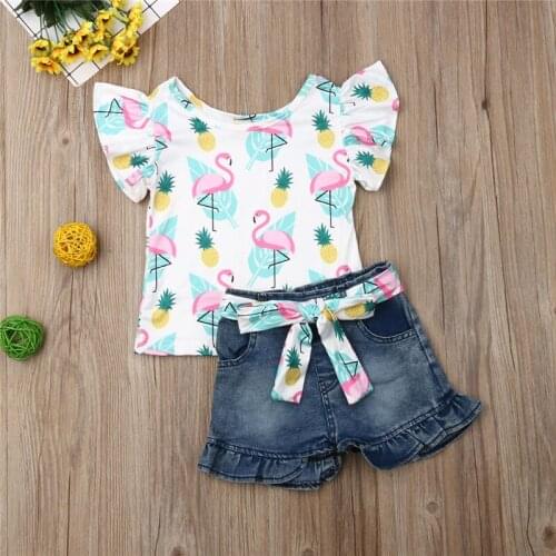 Canis Girl Set 1Y-6Y Toddler Baby Girls Denim Outfits Clothes Summer Short Sleeve Print T-shirt Short Pants 2pcs Set