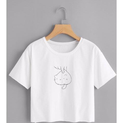 Cat funny graphic women short t-shirt 90s women fashion cotton crop tops kawaii harajuku tees sexy girl simple style tops shirt