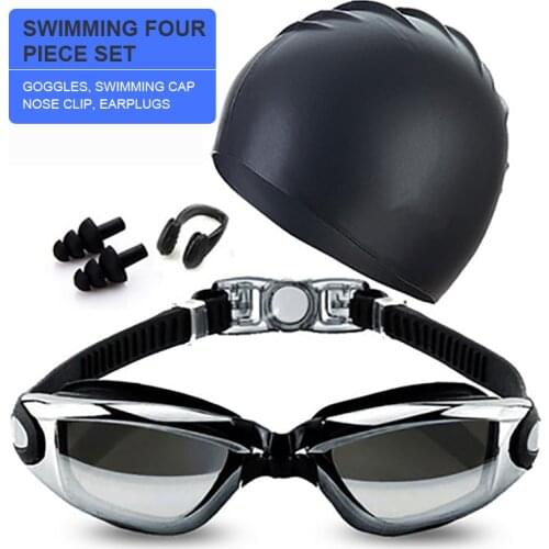 Adult swimming suit HD anti fog electroplated swimming goggles suit waterproof silicone nose clip earplug swimming cap swimming