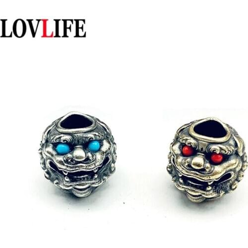 Brass Red Blue Eyes Lion Head Knife Beads Pendants Car Keychains Retro Chinese Style Umbrella Rope Lanyard DIY Paracord Hangings
