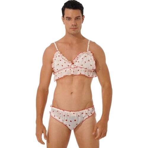Sissy Gay Men Flower/Strawberry Printing Ruffled 2Pcs Lingerie Set Nightwear Adjustable Straps Bra Tops With Briefs Underwear