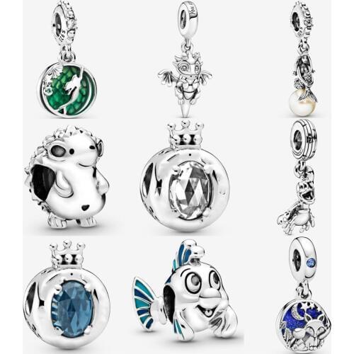 Real 100% 925 silver Magic Dragon Little Mermaid Charm Fit pandora Bracelet Ariel Dangle Fox & Rabbit Dangle Charm DIY Jewelry