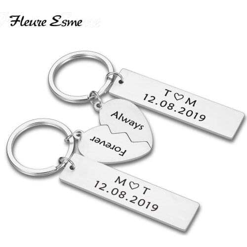 A Pair Couple Keychain Gifts for Husband Wife Boyfriend Girlfriend Valentines Customized Date and Two Initials Keychains for Him