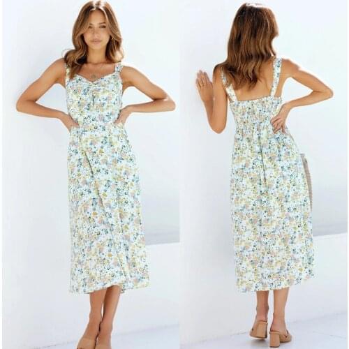 Tank Dress 2021 Summer New V-neck Sexy Open Back Suspender Print Split Length White Kawaii Dresses Lolita