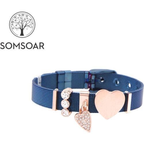 Dropshipping Somsoar Jewelry Stainless Steel Heart Slide Charms Mesh Bracelet Set can laser logo/name as DIY gift