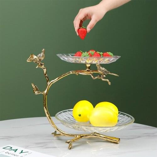 Luxury Brass Branch Bird Statue Fruit Plate Creative Living Room Coffee Table Home Afternoon Tea Dessert Plate Double Cake Tray