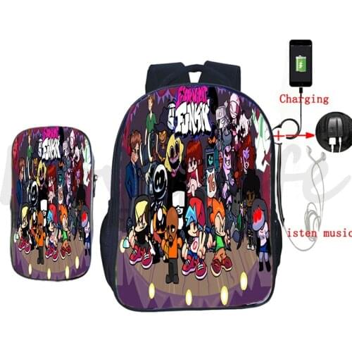 Friday Night Funkin Backpack For Boys Girls School Bags 2 Pcs Set Bookbag USB Charging Mochila Laptop Rucksack Travel Knapsack