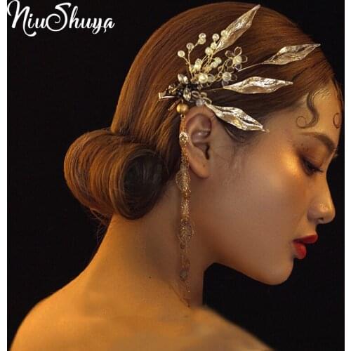 NiuShuya Handmade Golden Leaves Hair Pins Rhinestone Side Hairpins Long Tassel Wedding Bridal Hair Accessories