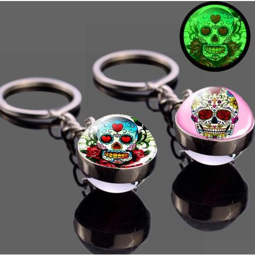 Glow In The Dark Sugar Skull Keychain Glowing Skull Jewelry Art Luminous Sugar Skull Glass Ball Key Chain Glow In Dark Gifts