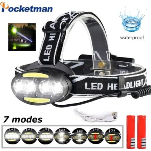 Long Range LED headlamp 4* T6 +2*COB+2*Red Headlamp Waterproof Flashlight Rechargeable Torch Lantern with battery Camp
