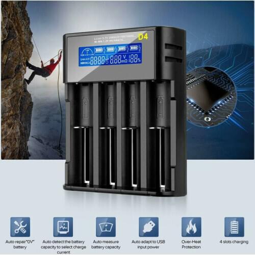 D4 USB LCD Smart Battery Charger 4 Slots For 18650 21700 26650 SC C AA AAA Nimh Li-ion Battery Fast Charger Rechargeable Battery