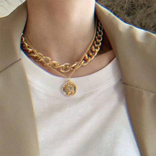 Vintage Gold Geometry Statement Coin Necklaces For Women Fashion Multi-Layer Pendant Portrait Necklace 2021 Trend Female Jewelry