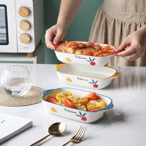 High-quality Underglaze Binaural Baking Dish Ceramic Baking Bowl Cute Fruit Salad Microwave Oven Cheese Baked Rice Dish