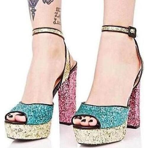Moraima Snc Colorful Glitter Embellished High Heel Sandal Woman Sexy Peep Toe Platform Thick Heels Shoes Ankle Strap Sandal