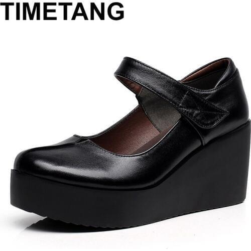 TIMETANG2019 Spring Women Platform Leather Pumps Ankle Strap Wedges Black High Heels Women Round Toe ShoesE1263