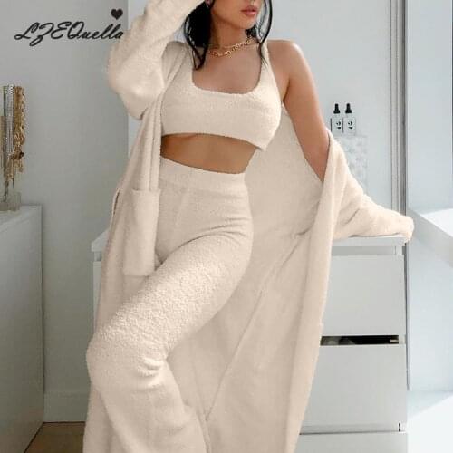 LZEQuella Knitted Long Coat Crop Tops and Pants Three Pieces Set Autumn Women Sweater Belt Sashes Womens Outfits NZ2510