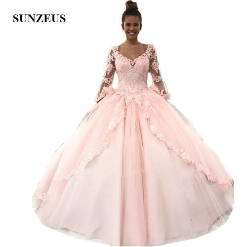 Trumpet Sleeves Long Quinceanera Dresses Ball Gown Pink Tulle Prom Debutante Sweet 16 Dress vestido de debutante longo