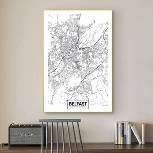 Famous City Map Northern Ireland Belfast Print Canvas Painting Wall Art Pictures Black White Poster and Prints Living Room Decor