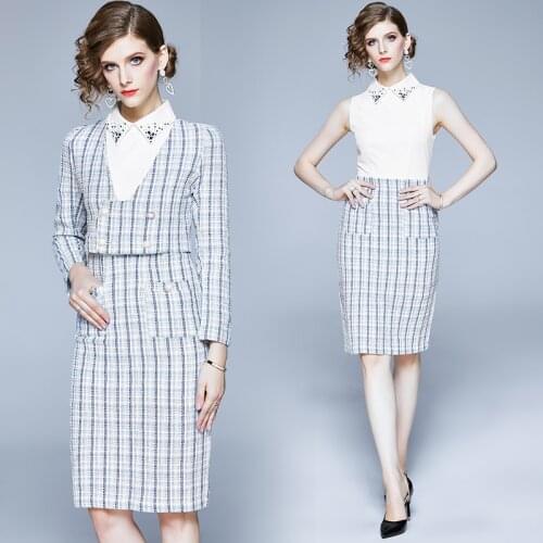 2020 Spring Patchwork Tweed Plaid Midi 2 Piece Set Dresses Women Beading Turn Down Collar Vest Dress+Tweed Short Jacket Crop Top