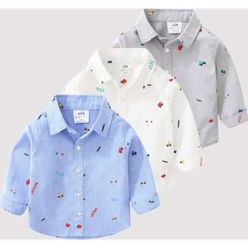2021 Spring Autumn 2 3 4 5 6 7 8 10 Years Long Sleeve Car Pattern Full Print Handsome White Gray Cotton Shirt For Kids Baby Boys