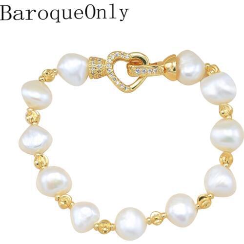 BaroqueOnly Zircon heart pendant pearl bracelets naturanl irregular freshwater pearl white geometrical pearls HI