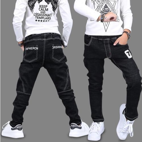 Kids New Boys Pants Jeans Cotton Solid Black Trousers Autumn Number 7 Print Pencil Pants Korean Children Clothing 4T 8 12 13 Yrs