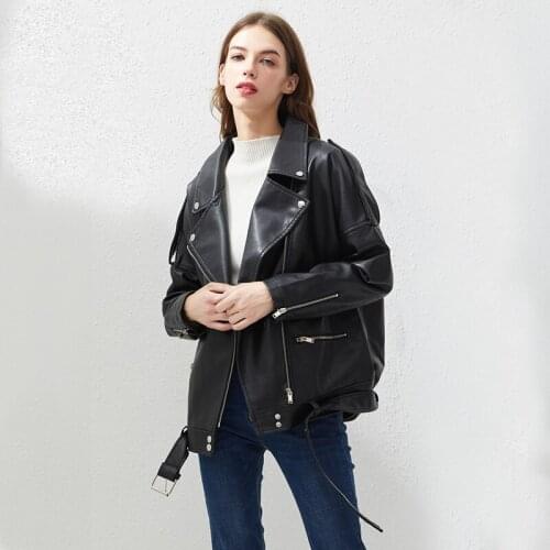 PU Faux Leather Jacket Women Loose Sashes Casual Biker Jackets Outwear Female Tops BF Style Black Leather Jacket Coat