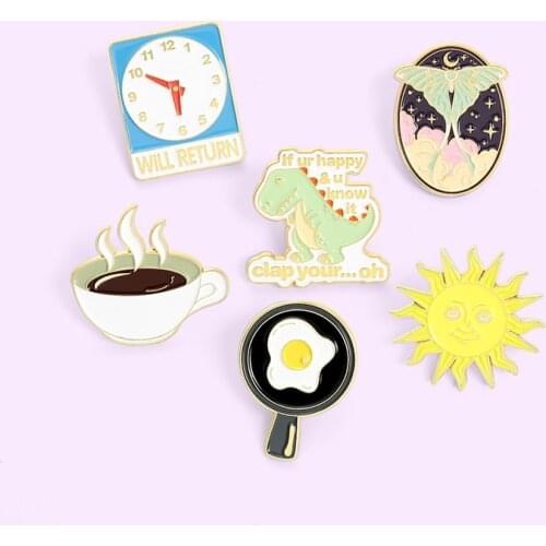 Coffee Sun Dinosaur Enamel Pins Anime Dulk Cute Animal Brooches for Kids Friends Cartoon Metal Badge Jewelry Gift 2021 Wholesale
