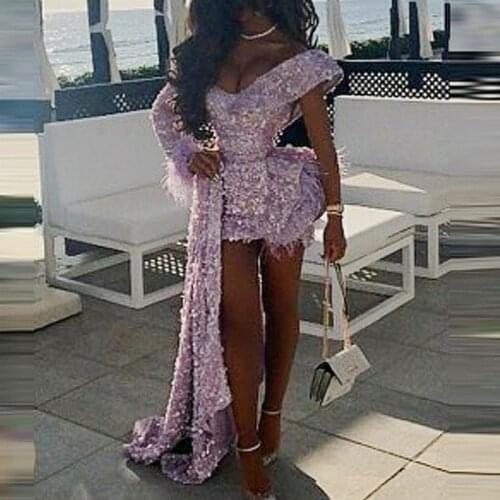 Short Sparkle Sequin Evening Dresses 2021 Off Shoulder Lomh Sleeves with Feather Mini Party Formal Prom Gowns