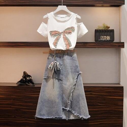 Plus size womens 200 kg fat sister summer suit female foreign air leaky shoulder top and thin denim skirt two-piece suit