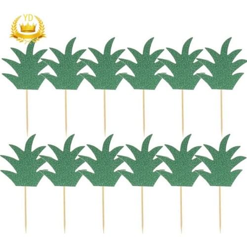 Hot 24pcs Green Pineapple Leaf Cake Toppers Paper Cake Picks Cupcake Insert Card Decor Party Supplies for Birthday Festival