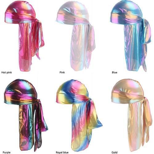 Fashion Mens Sparkly Silk Durag Bandana Headwear colorful Men du rag Wigs Turban Doo Rag Headband Pirate Hat Hair Accessories
