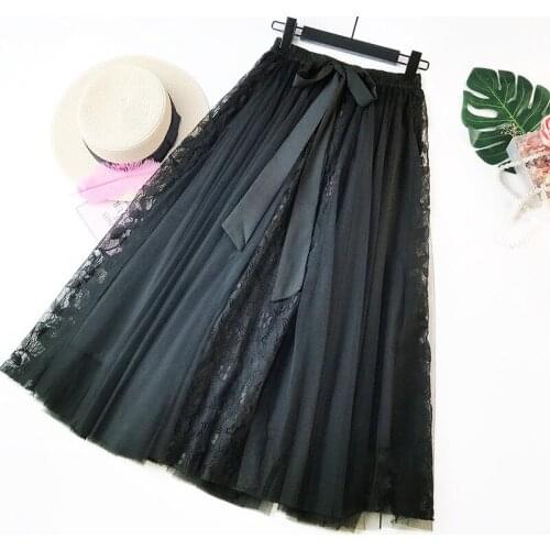 Fashion Tutu Tulle Skirt Women Long Maxi Skirt Korean Cute Bow High Waist Pleated Skirt Female School Sun Spodnica