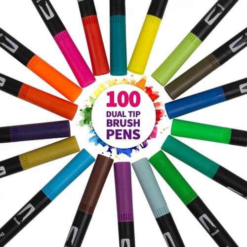 Watercolor Pen Set for 100 Colors Dual Felt Nylon Tip Pens Fineliner Art Brush Tip Marker Spot Colour Professional Drawing Comic