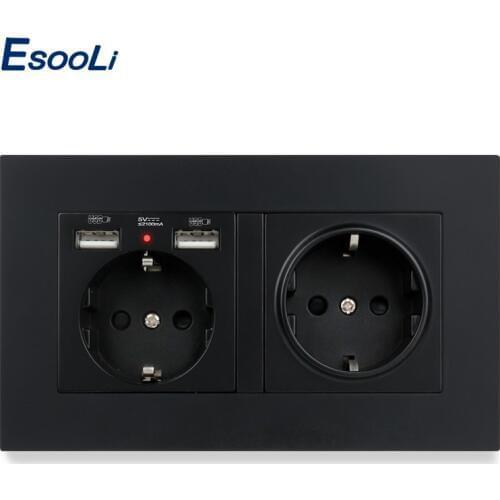 Esooli PC Plastic Panel Wall Socket EU Standard Power Outlet With Dual USB Smart Induction Charge Port For Mobile 5V 2.1A