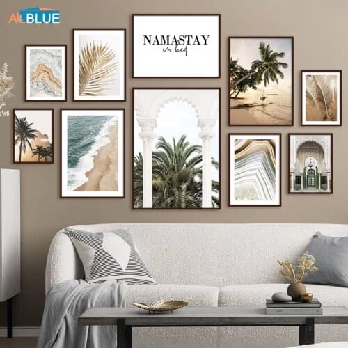Sunset Seaside Scenery Poster Palm Tree Plant Leaf Wall Art Landscape Canvas Painting Nordic Style Home Decorative Picture Print