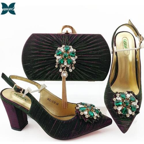 2020 Newest Shoes and Bag Set Women Italian design D.Green Color Shoes with Matching Bags Set Decorated with Stone for party