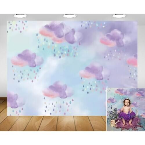 Rainbow Rain Sweet Children Birthday Artistic Backdrop Photo Studio Purple Watercolor Painting Sky Background Photography Props