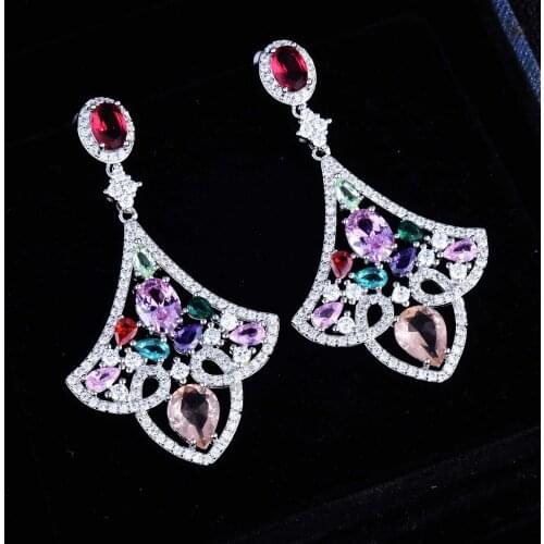 New Design Ladies Bohemia Dangle Earring Delicate Sparkly Multicolor Zircon Drop Earrings 925 Silver Ethnic Jewelry
