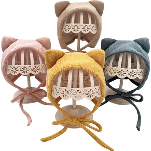 FOCUSNORM Infant Baby Girls Boys Bonnet Hat Lovely Cat Ears Beanie Cap with Chin Strap Hats Outfits 0-1Years