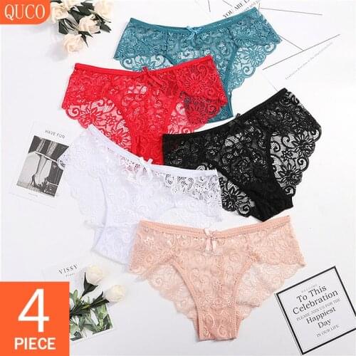 QUCO Brand Sexy Underwear Hollow Out Lace Up Thongs Women Panties Elastic Lace Lingerie Bandage Transparent Black Briefs Strings