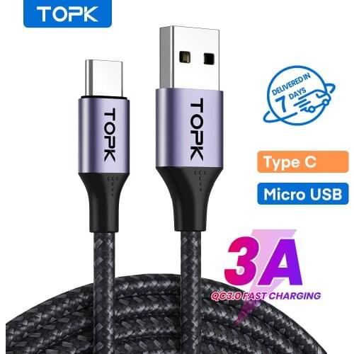 TOPK AN10 1M 3A Micro USB Type C Phone Charger Charging Cable Cord Quick Charge Mobile Phone Cables Wire for Xiaomi Redmi 10 9