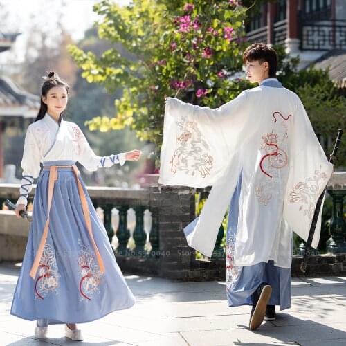 Ancient Chinese Traditional Costume Women Fairy Dress Men Embroidery White Hanfu Top Skirts Robe Oriental Retro Cosplay Clothing