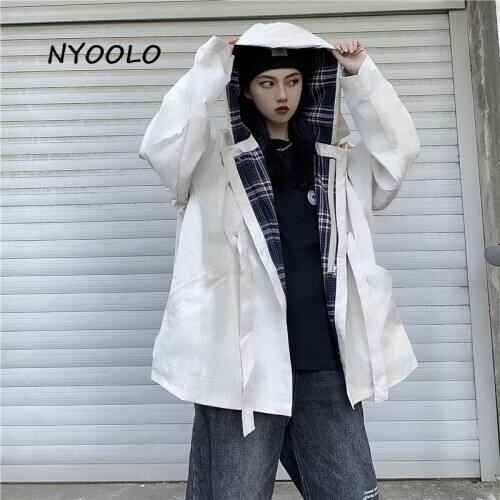 NYOOLO Vintage Streetwear Plaid Patchwork Long Sleeve Loose Hooded Zipper Trench Jacket Women Spring Autumn Big Pockets Coat Top