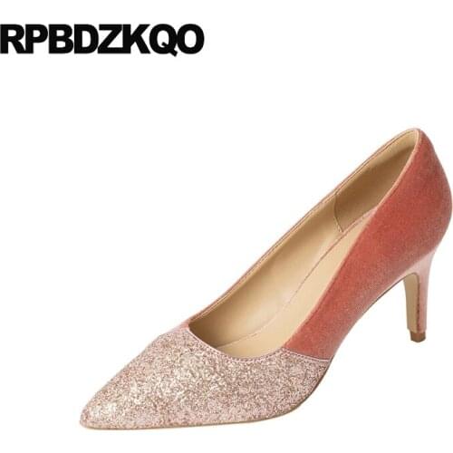 Bling Girls Sequin Velvet Pink Multi Colored 3 Inch Women Trending Pumps Glitter High Heels Shoes Scarpin Bridesmaid Pointed Toe