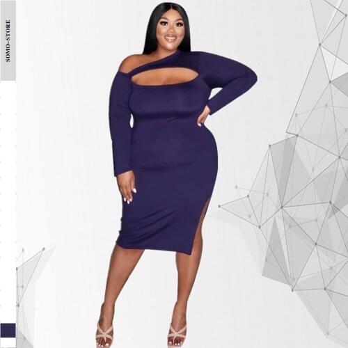 Party Dress Casual Fashion Solid Color Oblique Shoulder Hollow Out Split Fork Plus Size Womens Dress 4xl Wholesale Dropshipping
